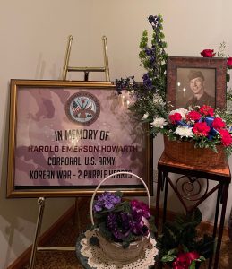 A banner at a memorial for Harold Emerson Howarth, Corporal, US Army, Korean War - 2 Purple Hearts